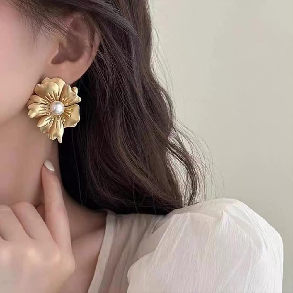 Dainty 14K Gold Big Flower Stud Earrings for Women,Exaggerate Vintage Pearl Floral Drop Dangle Earrings,Striking Prom Wedding Jewelry Gifts for Bride - Image 2