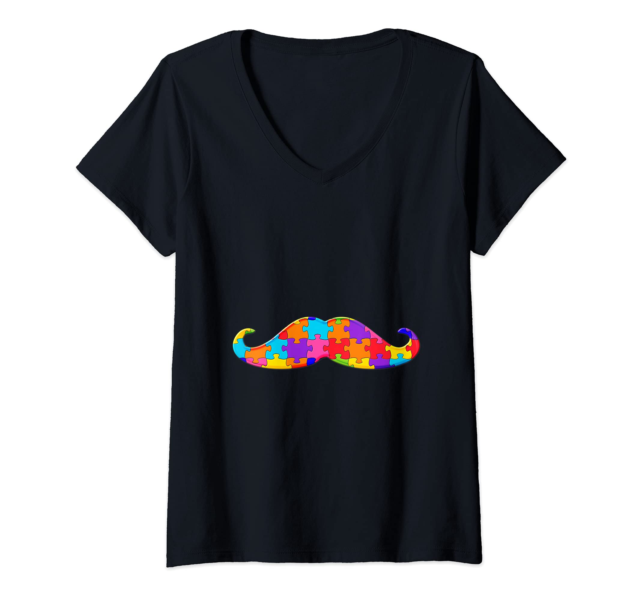 Womens Mutache Moustache Man Jigsaw Autism Puzzle V-Neck T-Shirt