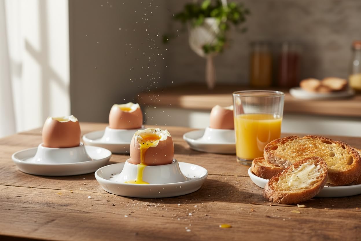 Provance 6er Set Eierbecher aus Porzellan in weiß im schlichten Design passend für alle Küchen Frühstückstisch Eierhalter Eierständer Maße: 2,2cm Höhe und 9,5 cm Breite