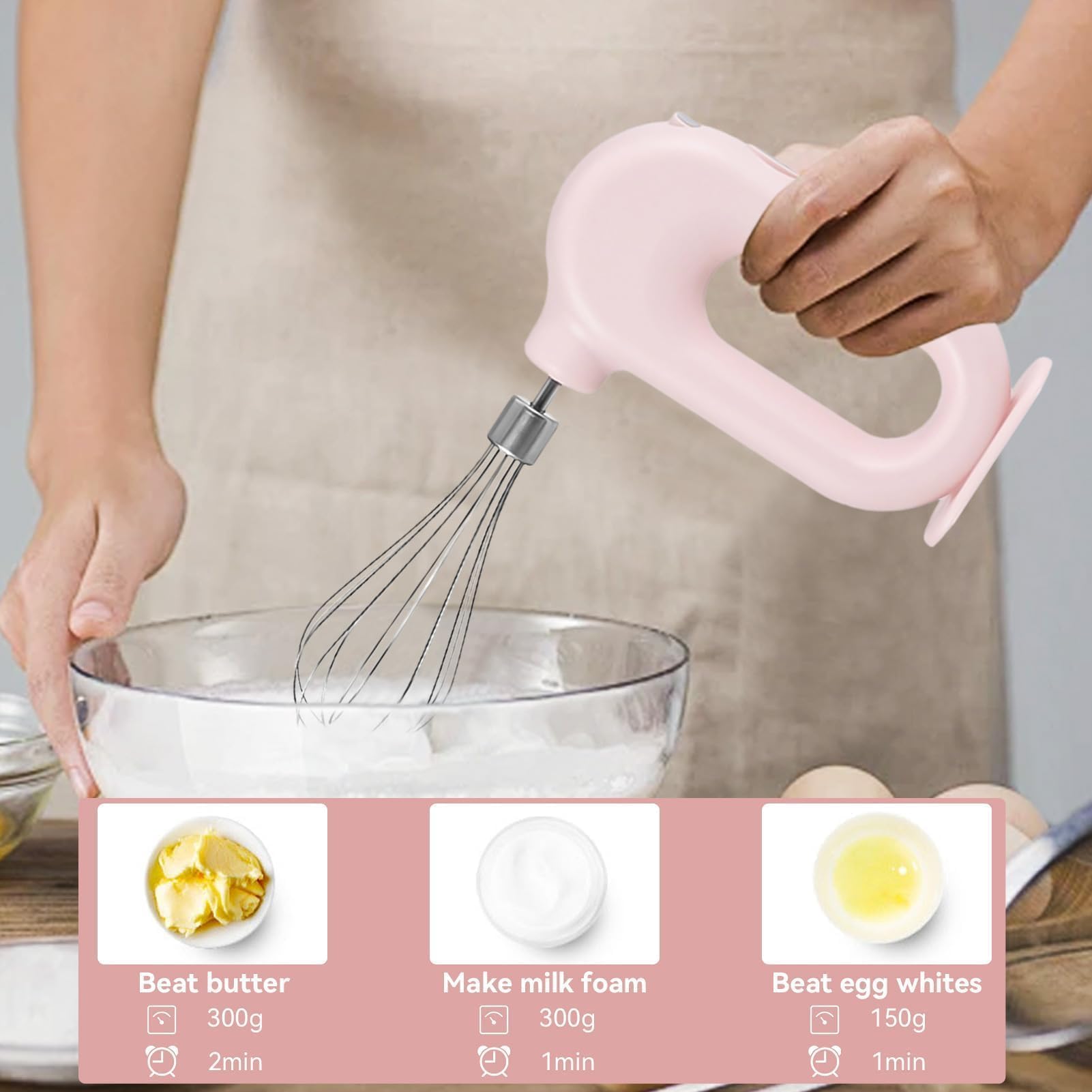 Cordless Hand Mixer - Pink Mini Egg Beater -3