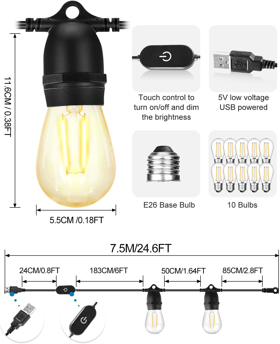 Diagram showing the dimensions of the S14 LED bulb, the touch control, USB power, E26 base, and 10 bulbs included.