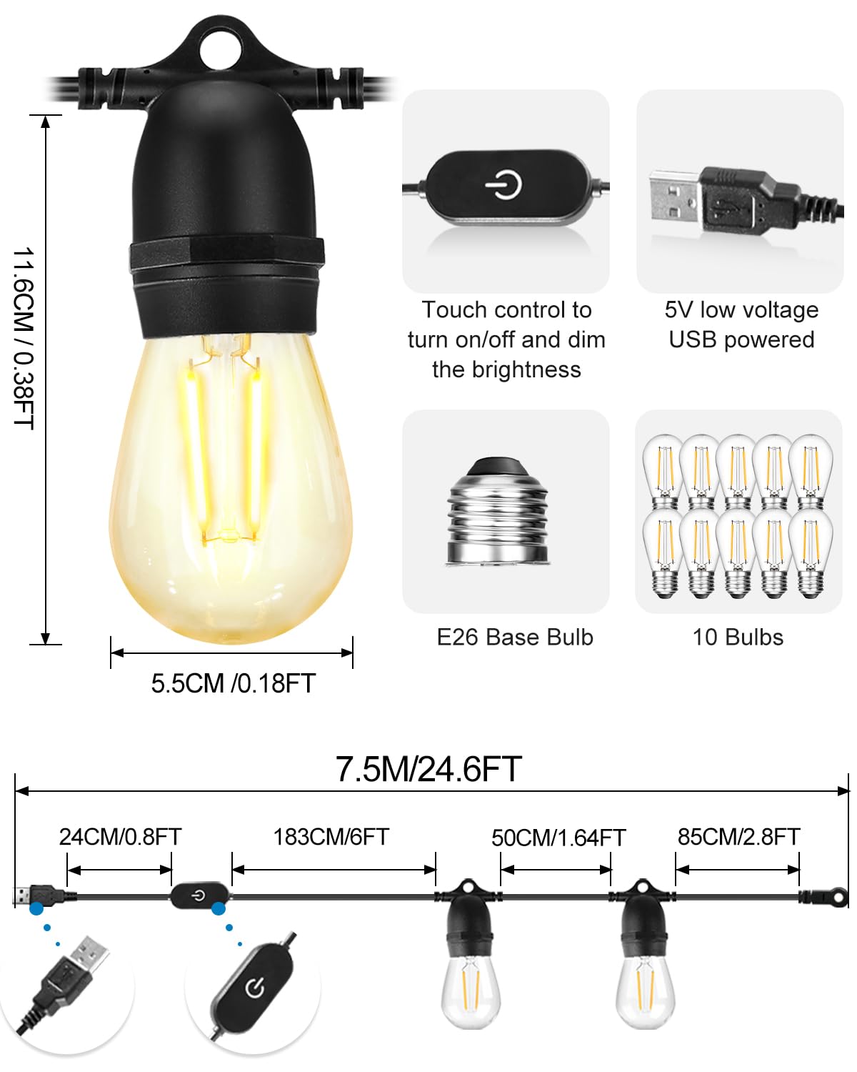 BRIMAX Guirlande lumineuse d'extérieur de 7.6 m, alimentée par USB,Ajoutez une ambiance chaleureuse à votre site de camping,Légère et assez lumineuse pour cuisiner des ampoules S14 incassables