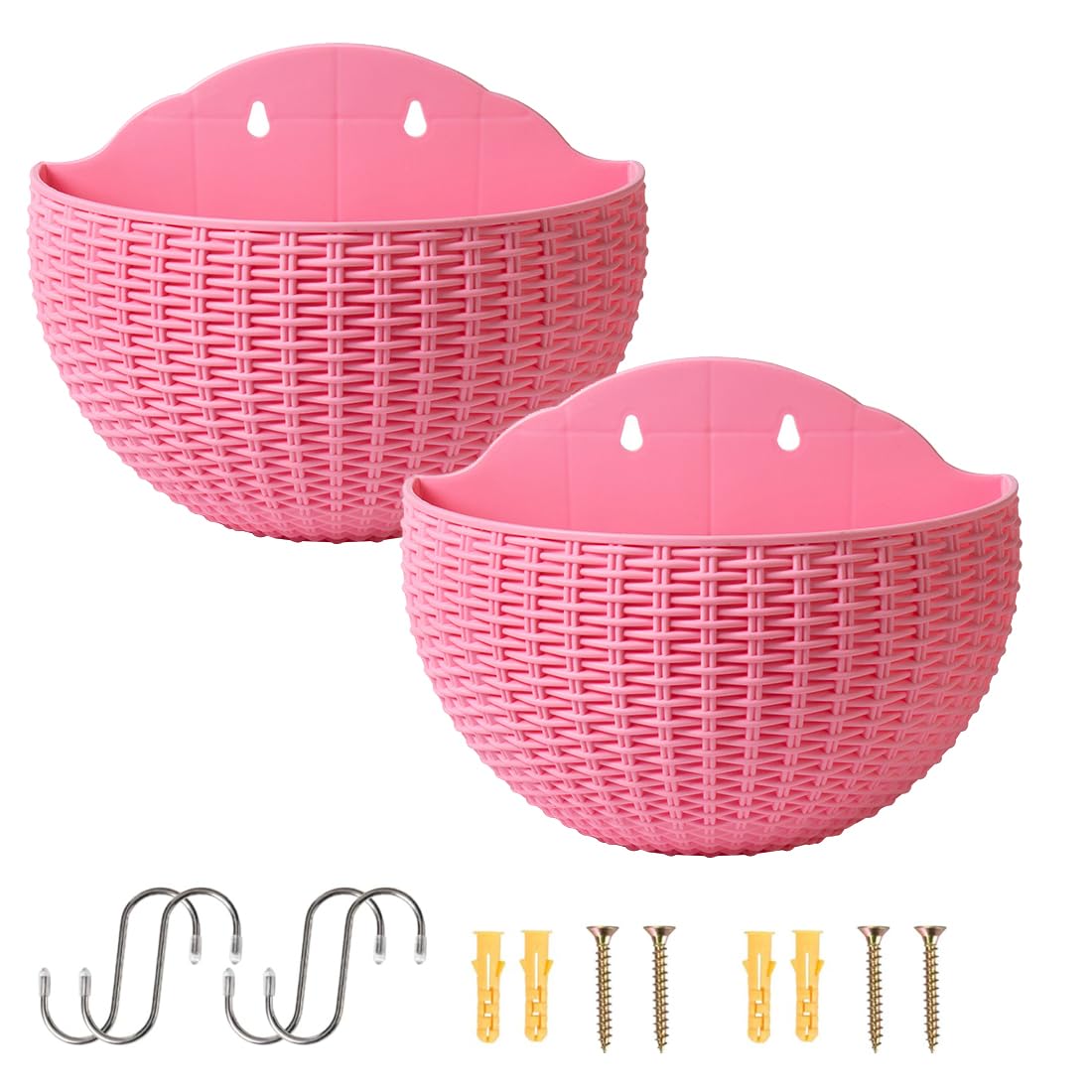 Senda Pink Wall Mounted Hanging Planters, 2 Pcs Half Round Plastic Flower Pot Plants Basket With Drainage And 4 Hooks, 4 Screws For Garden Patio Balcony Fence (Pink)