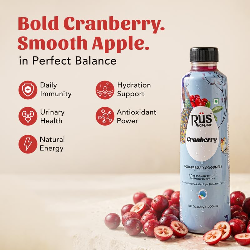 Image of Rus Organic Apple Cranberry Juice | Cranberry & Apple Juice | Natural & Cold-Pressed | Pack of 2 (1000ml Each) | Refreshing Sugar Free Drinks | No Preservatives | Rich in Antioxidants