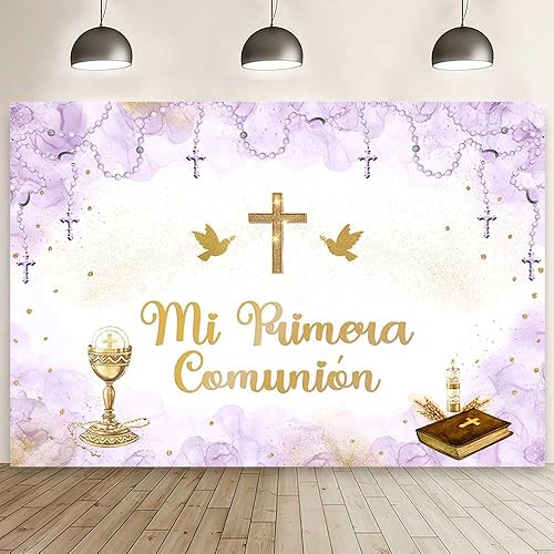 MEHOFOND Fondo de 7 x 5 pies Mi Primera Comunión Acuarela Púrpura Bautismo Fotografía Fondo Pastel Púrpura Dios Bendiga Palomas Cáliz Puntos