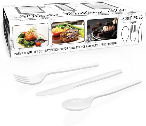 Miniatura 10 de Party Essentials Juego de cubiertos de plástico de peso medio, incluye cuchillos, tenedores, cucharas, 300 piezas100 lugares, transparente