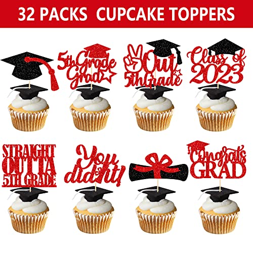 5Th Grade Graduation Cupcake Toppers, Red Glitter 5Th Grade Graduation Party Decorations 2023, Boy Girl Kids Fifth Grade Graduation Party Decorations Supplies #TOP1