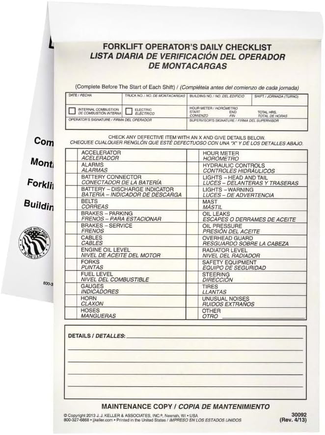 Forklift Operator Daily Checklist 25-pk. - Bilingual, Book Format with 31 Sets, 2-Ply, Carbonless, 5.5" x 8.5", Safety & Maintenance Forklift Checklist Inspection Book, J. J. Keller & Associates, Inc.