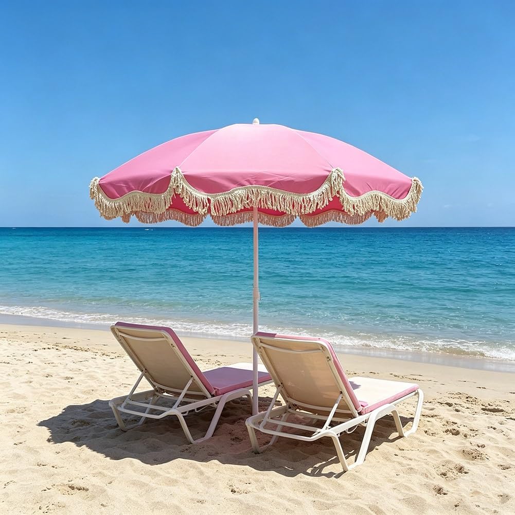 Parasol ogrodowy 200 cm z frędzlami, przenośny parasol plażowy na zewnątrz, 8 żebrami, żelazny trzon, uchylnym, ochrona UV wodoodporny