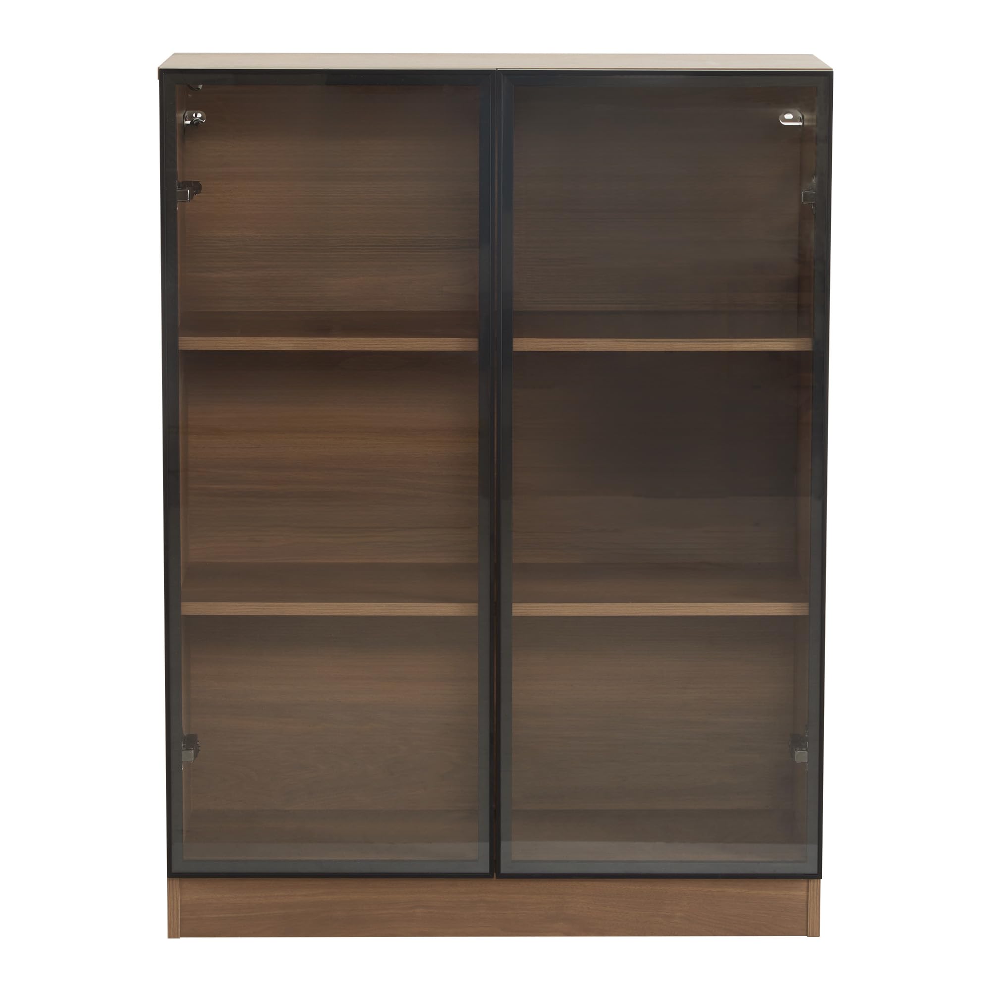 REXO Vitrina de cristal de 32 × 106 × 80 cm con iluminación y estantes de 3 niveles, armario multifunción de cristal de madera de nogal natural, ideal como vitrina de coleccionista.