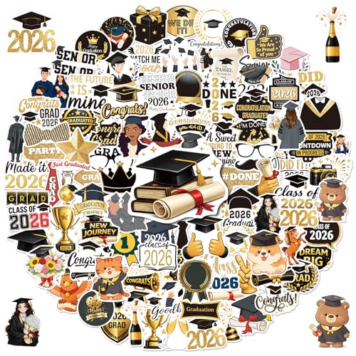 Anwyll 300Pcs Graduation Stickers 2026 - Graduation Water Bottle Stickers Vinyl Class of 2026 Sticker Bulk Self Adhesive Congrats Grad Cap Sticker for Senior College Scrapbook Laptop Grad Party Decor