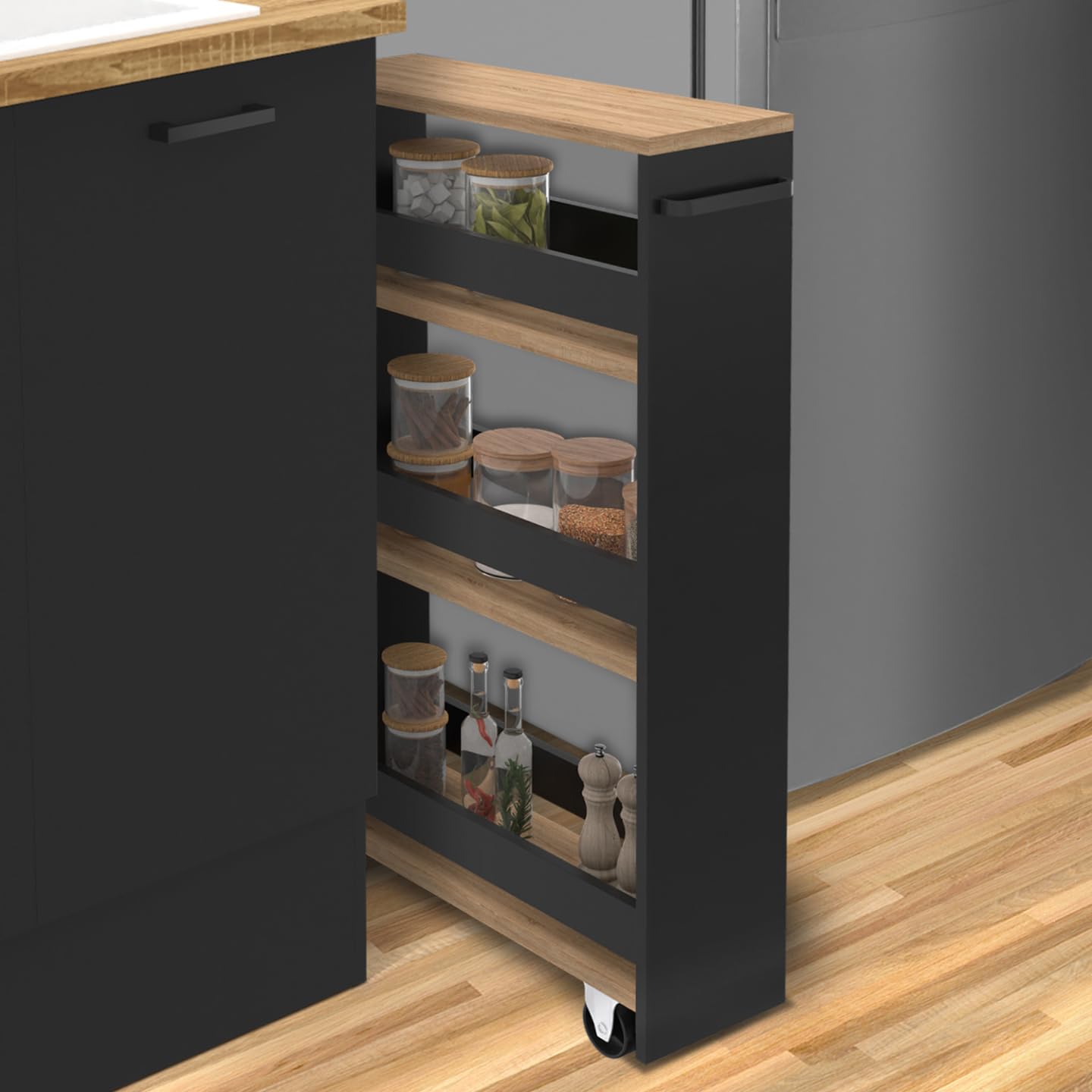 IDMarket - Desserte de cuisine gain de place HAGA chariot de rangement à étages noir et façon hêtre