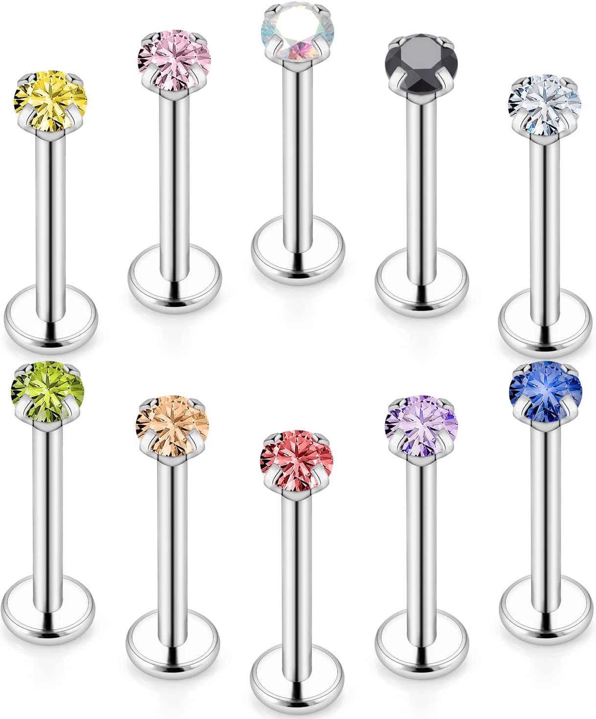 Kridzisw 16G Lip Labret Medusa Monroe Rings Studs Hypoallergenic Surgical Steel Flat Back Tragus Cartilage Helix Conch Ear Earrings Piercings Studs 2mm 3mm 4mm CZ 6mm 8mm 10mm Bar Length 10Pcs