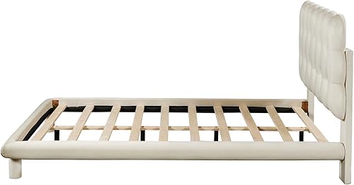 Miniatura 282 de Base de cama flotante tamaño Queen con luces LED y carga USB, marco de cama LED de plataforma tapizada moderna, no necesita somier (blanco-1)