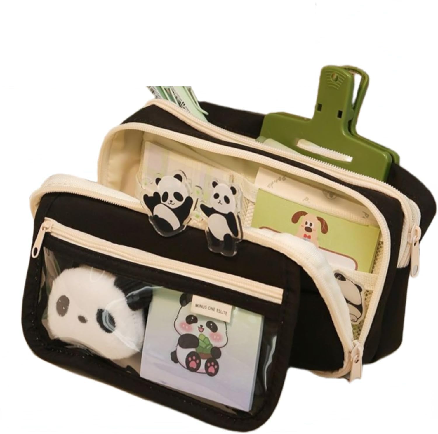 Panda Pencil Case, 10Pcs Cute Panda Pencil Case Large Capacity, Adults Aesthetic Pencil Case, Kawaii Pencil Pouch Cute With Zipper Preppy Pen Bag With Gel Ink Pens, Clips, Stickers, Pin (Black)