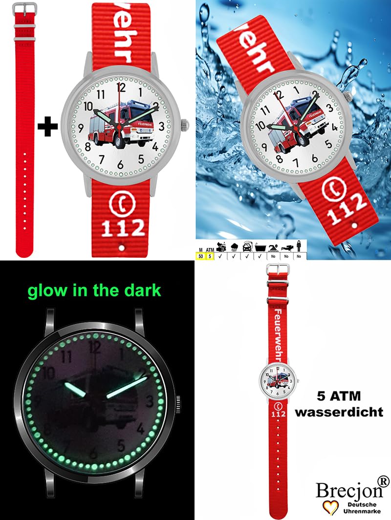 Geschenkset Feuerwehr Armbanduhr Jungen Kinderuhr Lernuhr Geldbörse Schlüsselband Display Schutz Motivdose 2 Armbänder