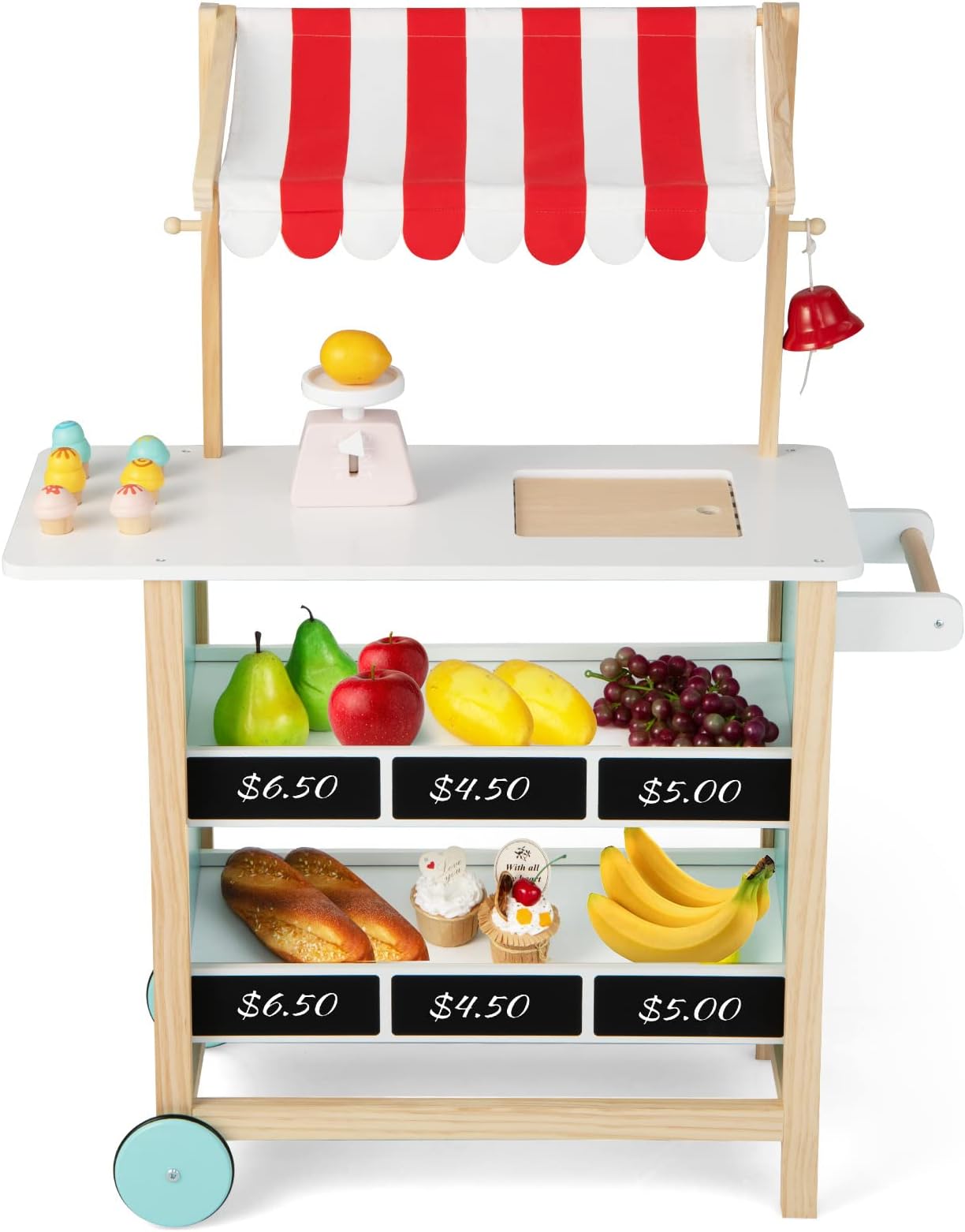Ice Cream Cart for Kids - Wood Grocery Store Pretend Play with Ice Cream Making Counter, Produce Scale, Chalkboard, Bell, Wheels, Canopy, Portable Ice Cream Stand for Boys Girls (Red)