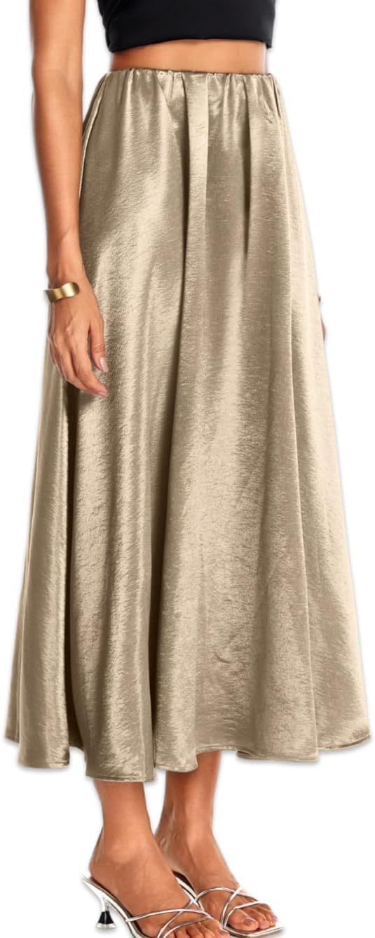 Women's Heavy-Drape Satin Maxi Skirt, Elastic High Waisted A-Line Formal Skirts for Special Occasions