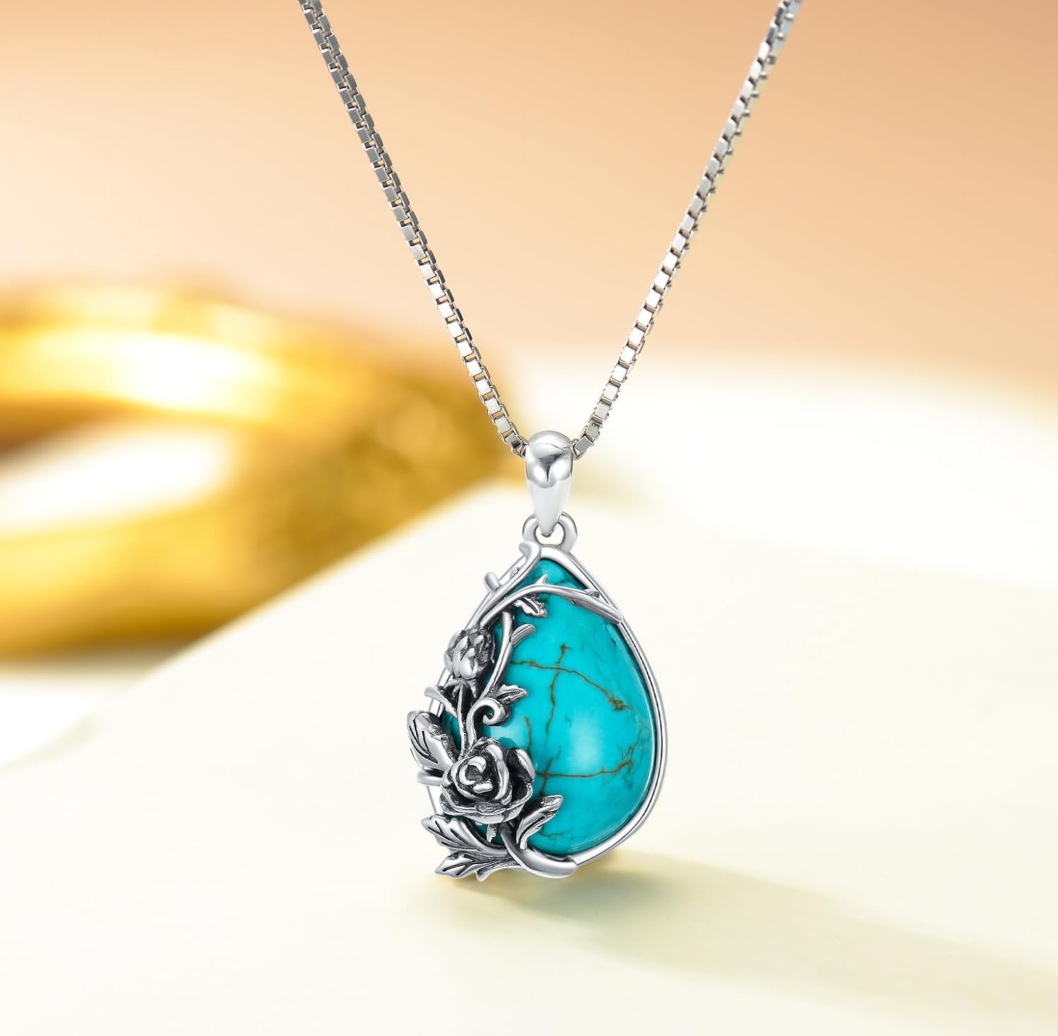 Genuine Turquoise Teardrop Pendant Necklace with Rose, Sterling Silver Boho Native Western Jewelry Birthdays Gift for Women - Image 8