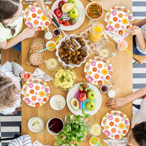 Image of Qyeahkj 48 PCS Groovy Paper Plates 7 Inch Daisy Groovy Party Plates Daisy Flower Disposable Dessert Dinnerware Set Elegant Boho Flower Party Supplies for Birthday Baby Shower Wedding Tea Party