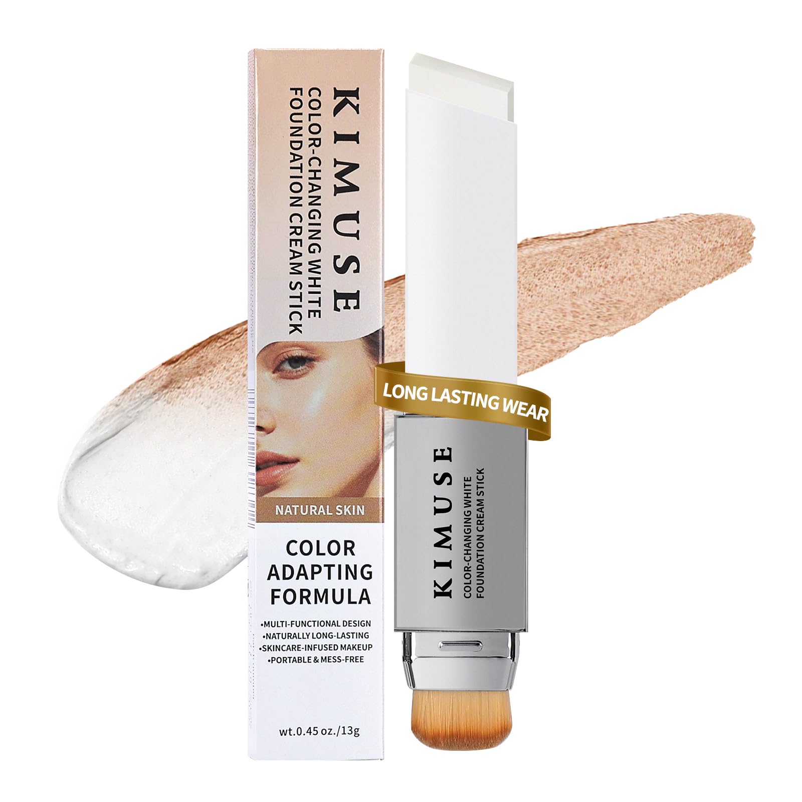 KIMUSE Color-Changing White Foundation Cream Stick Long Lasting Color Changing Foundation Medium to Full Coverage Stick Base Makeup