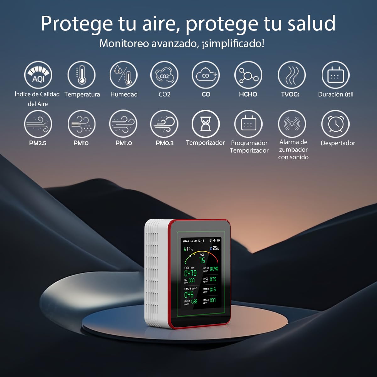 Medidor de Calidad del Aire Interior 15 en 1 con App - 2 Chips Sensores Precisos de CO2,PM2.5/PM10,HCHO,TVOC | Alertas en Tiempo Real y Análisis para la Salud | Fácil Lectura,Ideal para Hogar,Oficina