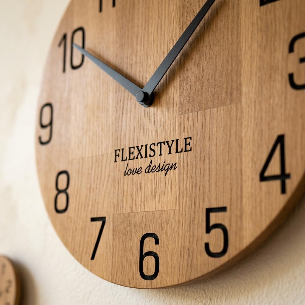 FLEXISTYLE Wanduhr Natur 30cm Durchmesser holzoptik 100% Eiche, Holz modern, Wohnzimmer, ohne tickgeräusche …