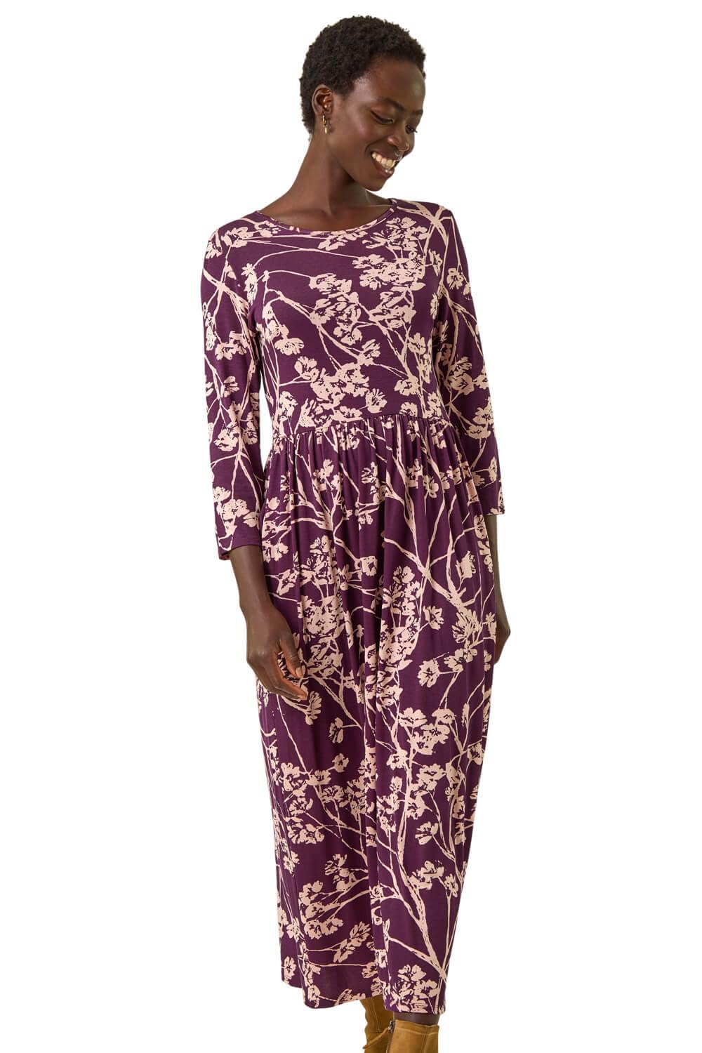 Roman Women's Purple Shadow Floral Stretch Midi Dress In Size 20
