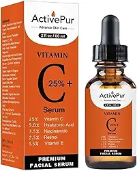 ActivePur 25% Melhor Soro de Vitamina C para o Rosto (60 ml) Vitamina E+B5 Soro de Ácido Hialurônico Face Retinol Ácido Ferúlico Niacinamida Colágeno Anti-Envelhecimento Olheiras Soro Facial Vitamina