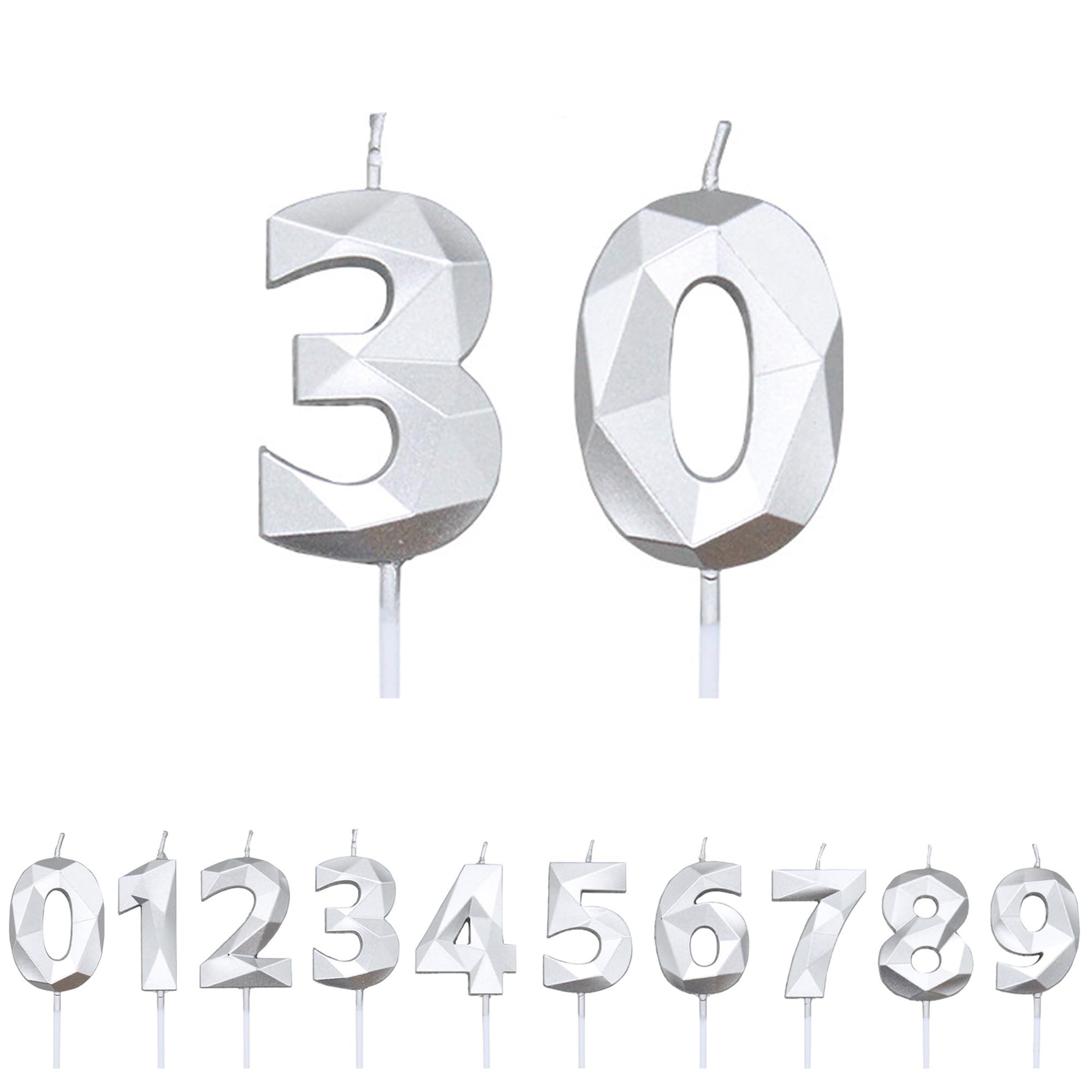 Fuzvol Silver Birthday Cake Candles, Number 30 Candle