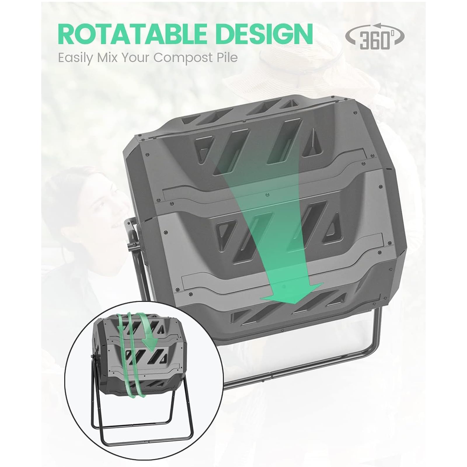 SQUEEZE master Contenedor de abono giratorio de doble cámara de 160 litros, compostador de jardín giratorio resistente, compostaje más rápido con mejor circulación de aire, vaso de compost giratorio