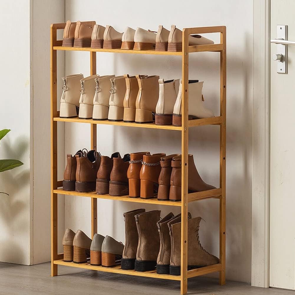 Zapatero de madera de 4 niveles para botas y zapatos  Estante organizador de botas de bambú y madera, estante de almacenamiento ajustable para