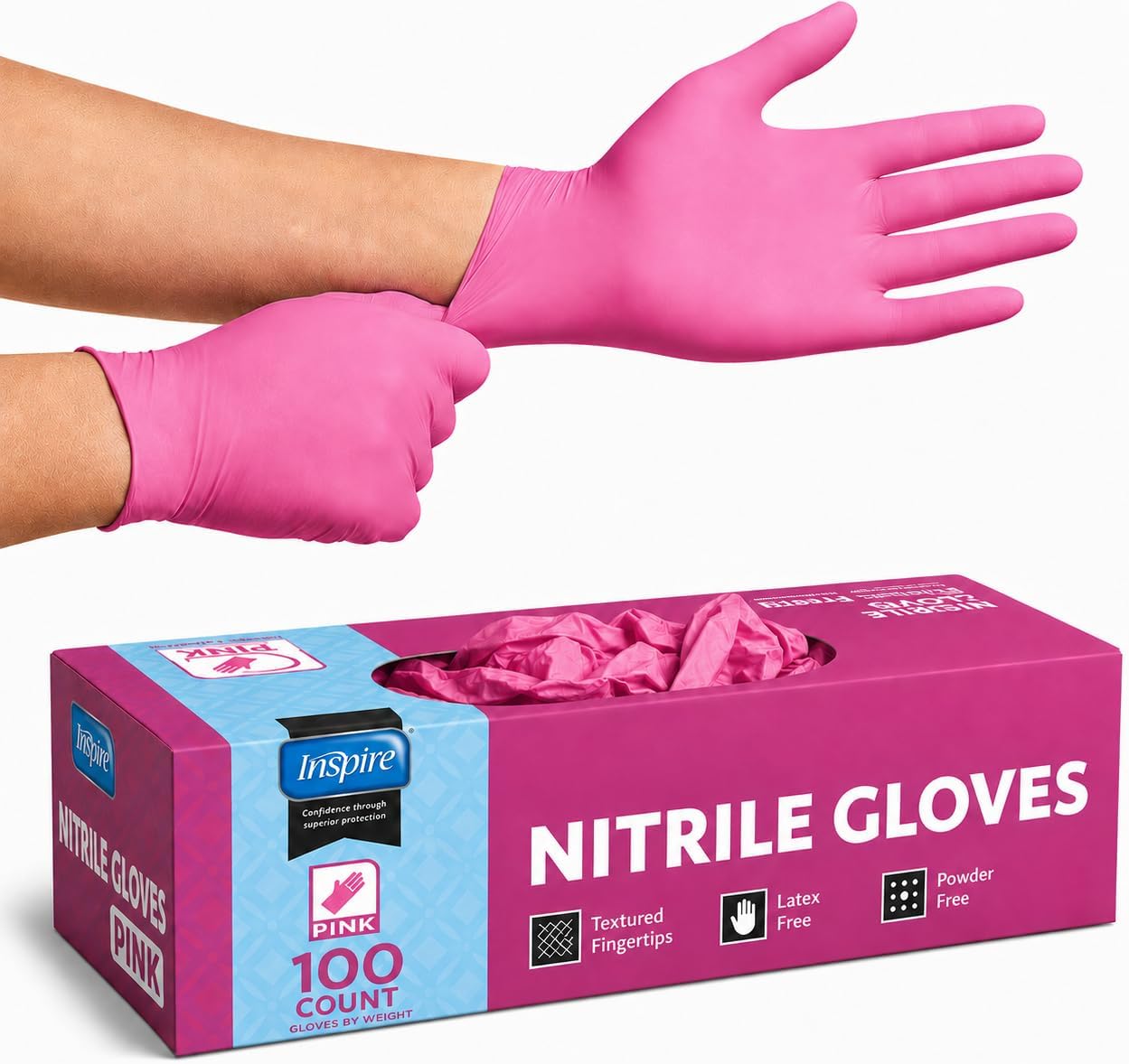 Inspire Pink Gloves Disposable Latex Free | Nitrile Pink Glove Hair and Nail Salon, Esthetician Nitrile Disposable Gloves (100, Medium)