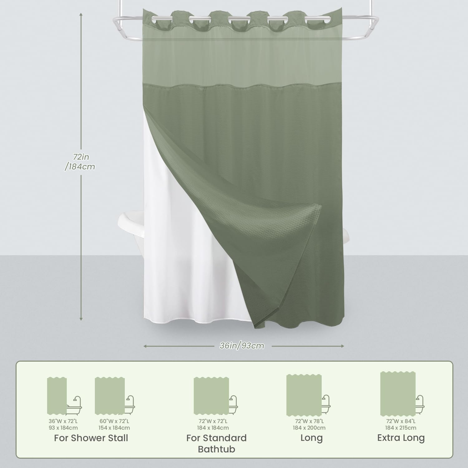 Inhousolu Stall No Hook Shower Curtain with Snap in Fabric Liner Set Waffle Weave 230GSM Weighted Hem, Waterproof & Washable Bathroom Curtain Spa Luxury with Mesh Top Window 36" W x 72" L Sage Green
