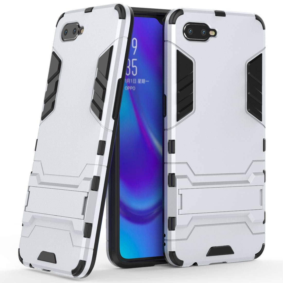Case for Oppo K1 / Oppo R15X (6.4 inch) 2 in 1 Shockproof with Kickstand Feature Hybrid Dual Layer Armor Defender Protective Cover (Silver)