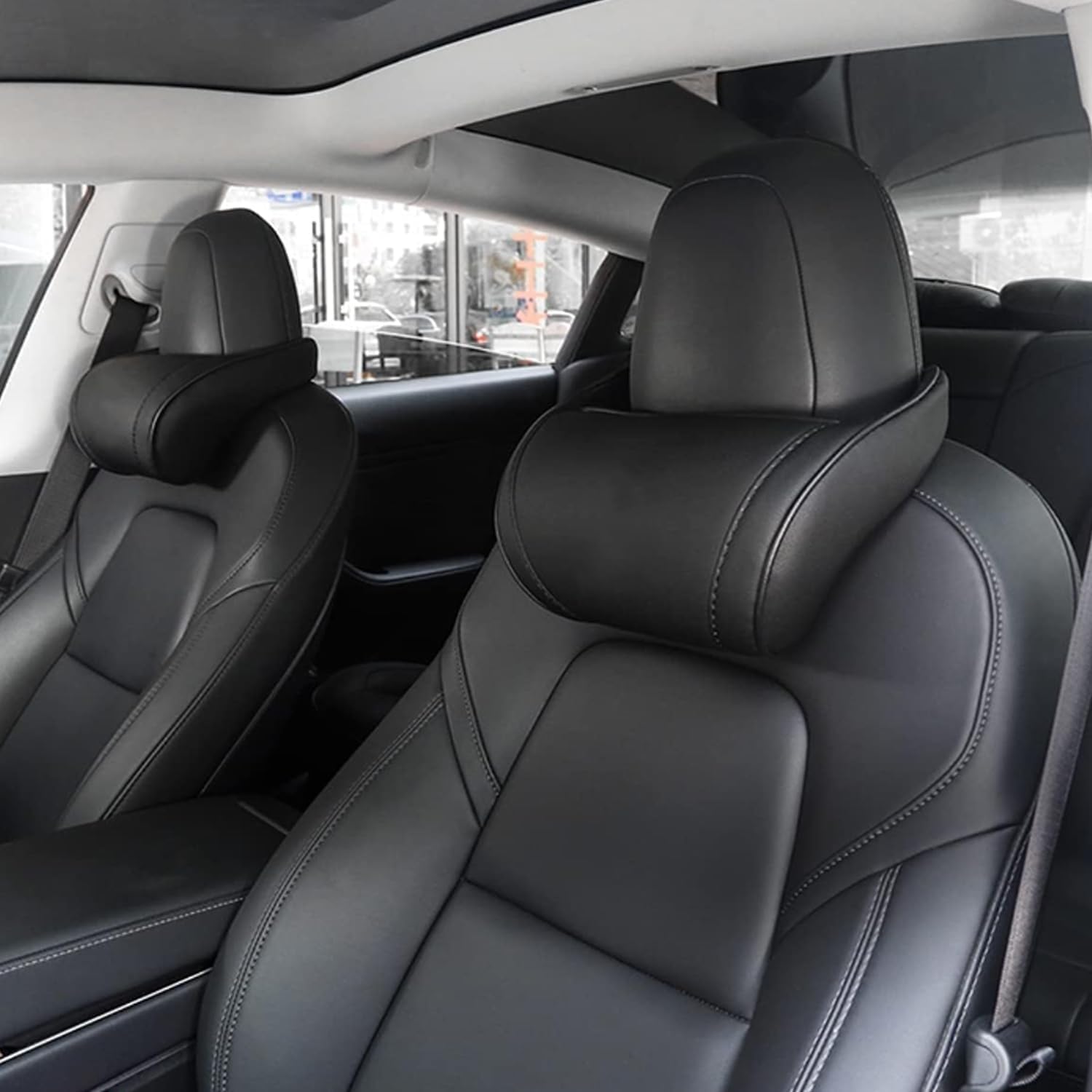 Arcoche Cuscino Poggiatesta per Tesla Model 3/Y/S/X, Cuscino per Collo Auto Tesla Memory Foam in Vera Pelle, Cuscino per Collo per Seggiolino Auto, Accessori Tesla Modello 3 Y S X (2PC Nero)