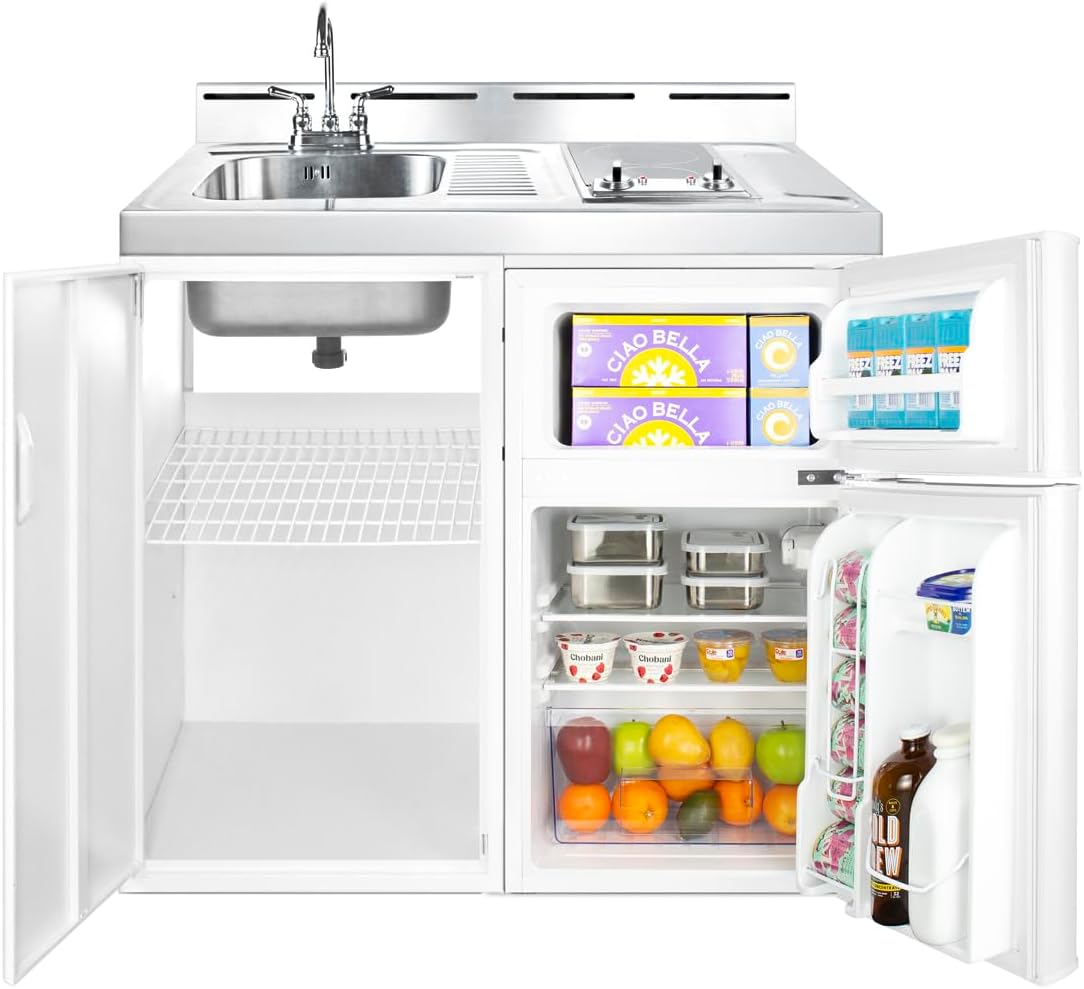 Summit 39" Wide All-In-One Kitchenette, 2-Door Refrigerator-Freezer, 2-Burner Smoothtop Cooktop, Sink, Storage, White- C39ELGLASS