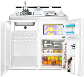 Summit 39 Wide All-In-One Kitchenette, 2-Door Refrigerator-Freezer, 2-Burner Smoothtop Cooktop, Sink, Storage, White- C39ELGLASS