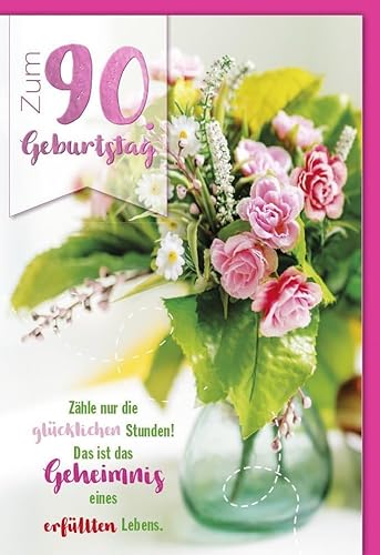 Verlag Dominique Geburtstagskarte zum 90. Geburtstag - Elegante Glückwünsche mit Blumenmotiv in Rosa & Grün, Zahlendesign - mit Umschlag Verlag Dominique Geburtstagskarte zum 90. Geburtstag - Elegante Glückwünsche mit Blumenmotiv in Rosa & Grün, Zahlendesign - mit Umschlag