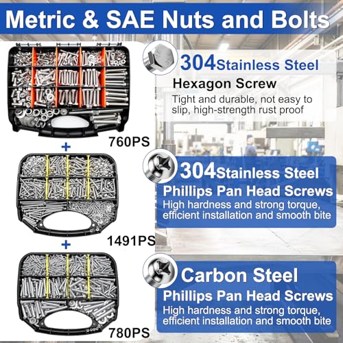 Image of Taiss Nuts and Bolts Assortment Kit SAE & Metric Phillips Head Bolts Kit 780PCS +1491PCS,and 760PCS SAE Hex Bolts Set with Nuts & Washers,304 Stainless Steel /Carbon Steel Hardware Assortment Kit