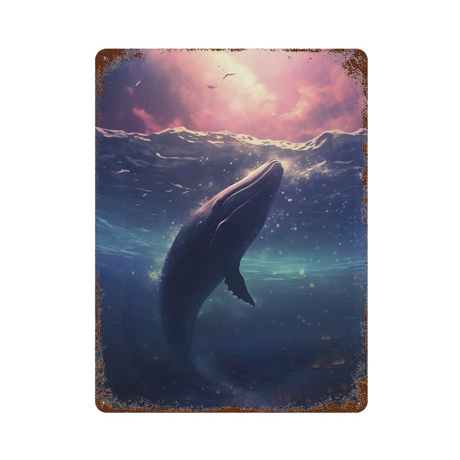 Rust Effect Whale in Milky Way Sea Rusty Metal Tin Sign 15.7"x11.8", Old School Wall Decor for Pub, Kitchen And Man Cave Decor