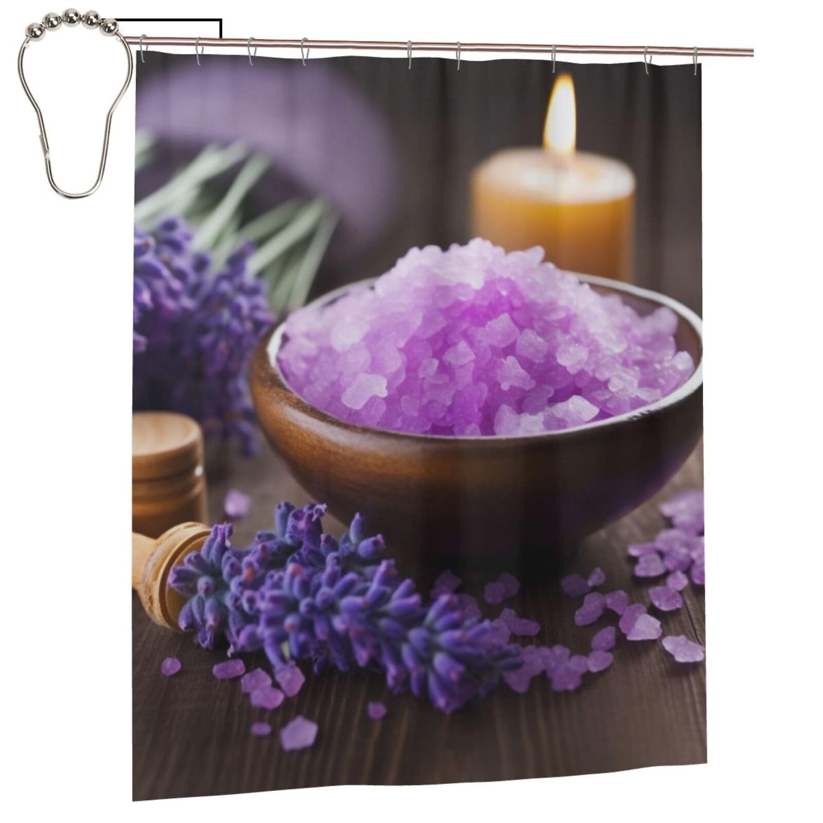 BWWHCCTI Lavender Flower and Spa Salt Printed Shower Curtain With 12 Iron Hooks Opaque Quick Drying Waterproof Shower Curtains Sets For Bathroom 152x183 Cm
