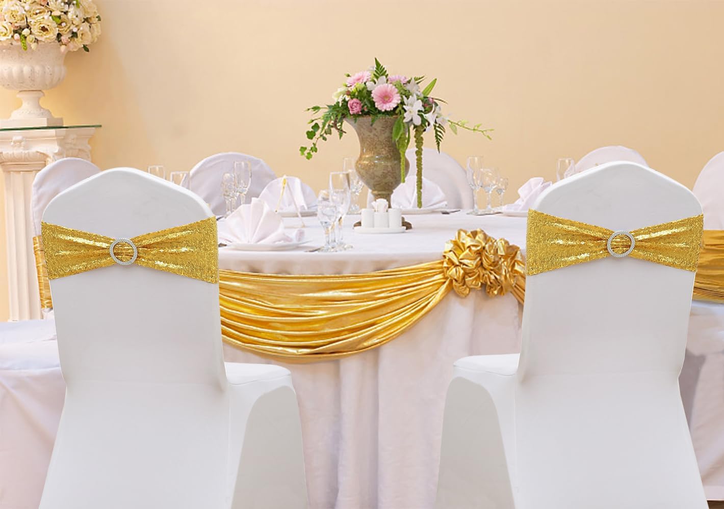 Double-Sided Sequins Gold Chair Sashes for Wedding Decor, Gold Sequin Chair Sashes Bands with Silver Buckles, Chair Bows for Party Ceremony Event Christmas Decorations - 100 Pack