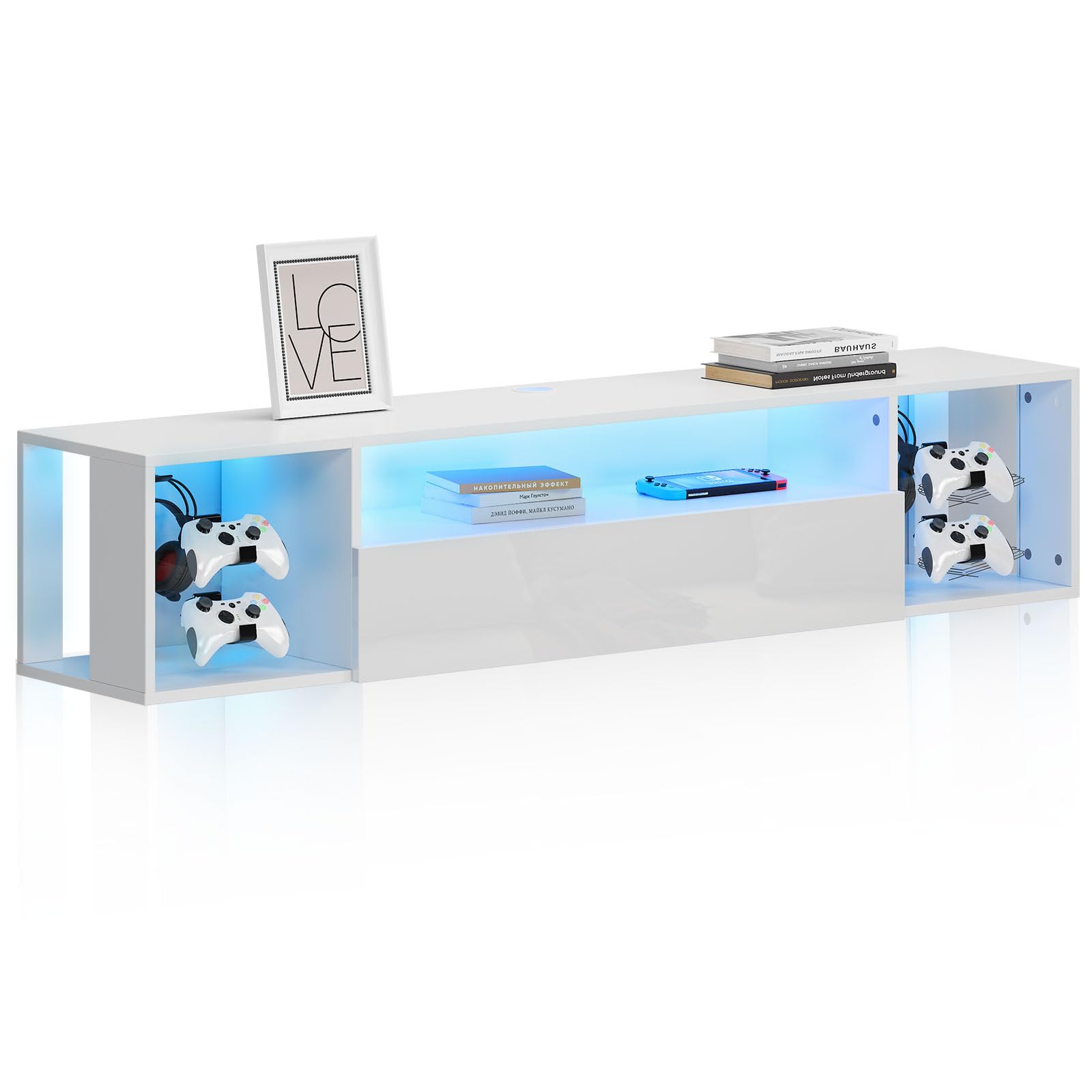 soges Mueble de TV Colgante para Centro de Entretenimiento con Luces LED, 140 cm Banco de TV montado en la Pared con Gestión de Cables, Soporte de TV, Blanco