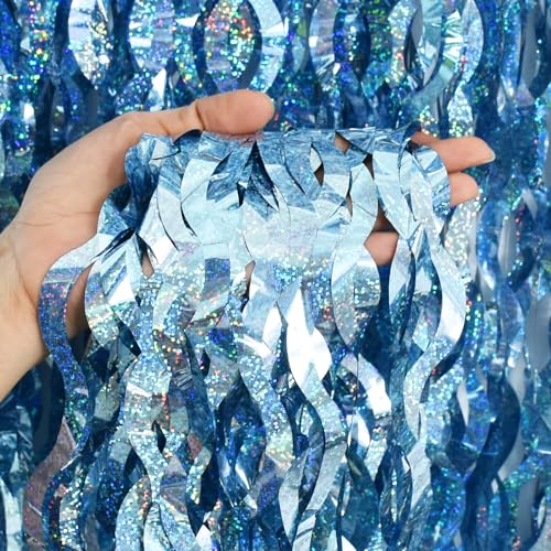 Image of TONIFUL 3Pcs Wavy Metallic Tinsel Foil Fringe Curtains Light Blue Streamer Backdrop for Photo Booth Props,Party Door Wall Curtains,Bachelorette,Underwater World Birthday Party Decor (9.9ft x 6.6ft)