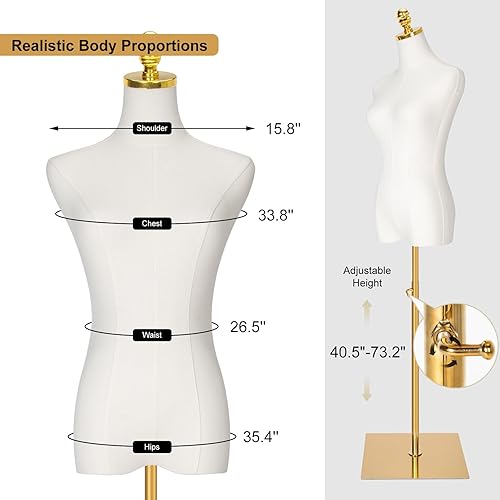 Miniatura 2 de Vestido de maniquí femenino con forma de torso, cuerpo de maniquíes de torso ajustable con base de metal, maniquí de ropa dorado para coser, tienda
