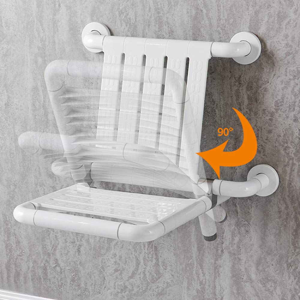 Taburete de ducha plegable, montado en la pared con respaldo, impermeable, a prueba de humedad, antideslizante, acero inoxidable 304, soporta hasta 250 kg, ideal para la seguridad del baño