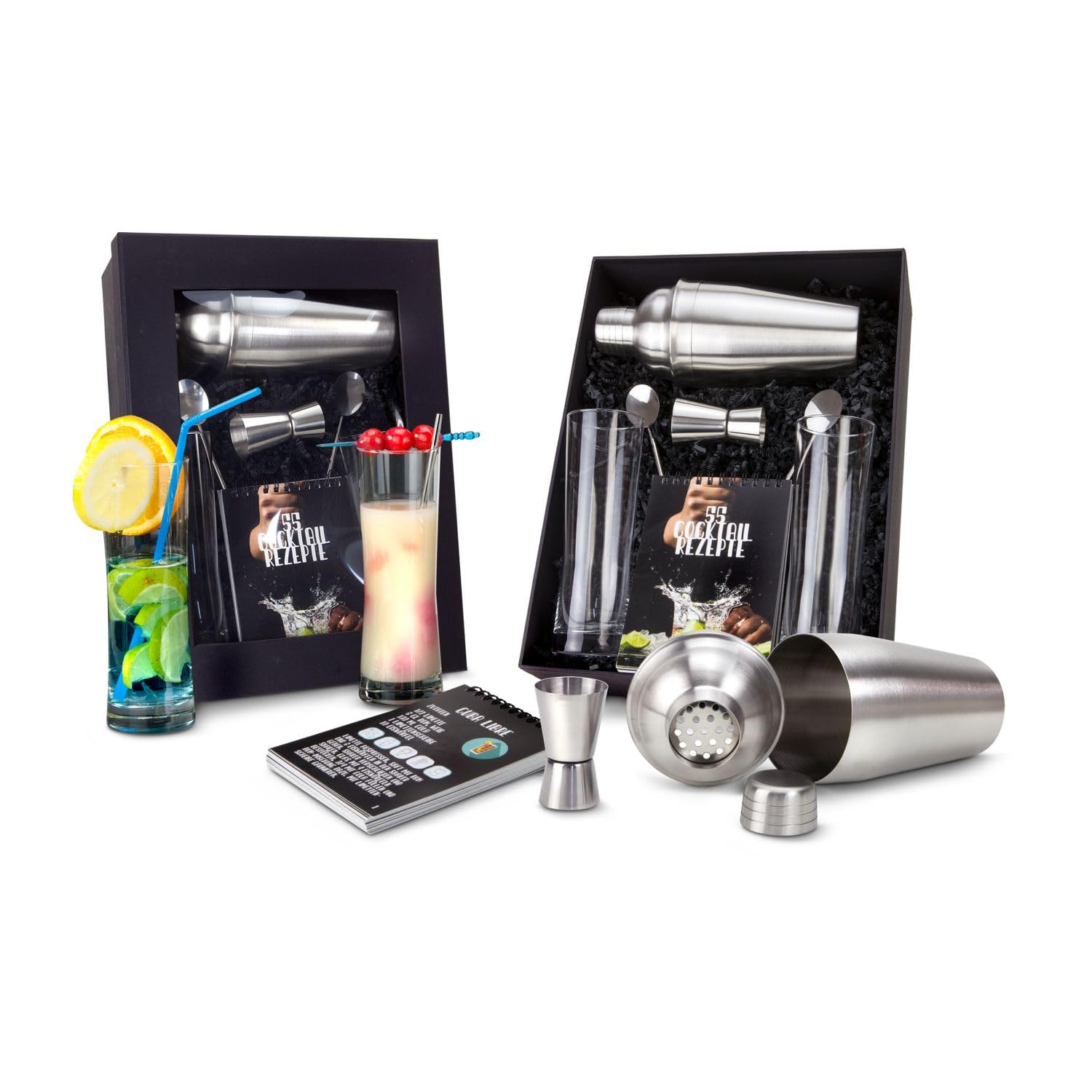 Geschenkset Cocktailbox: 8-teilig, Cocktailshaker, Rezeptbuch mit 55 Rezepten, 2 Longdrinkgläser + 2 Löffel, 1 Barmaß in schwarzem Geschenkkarton