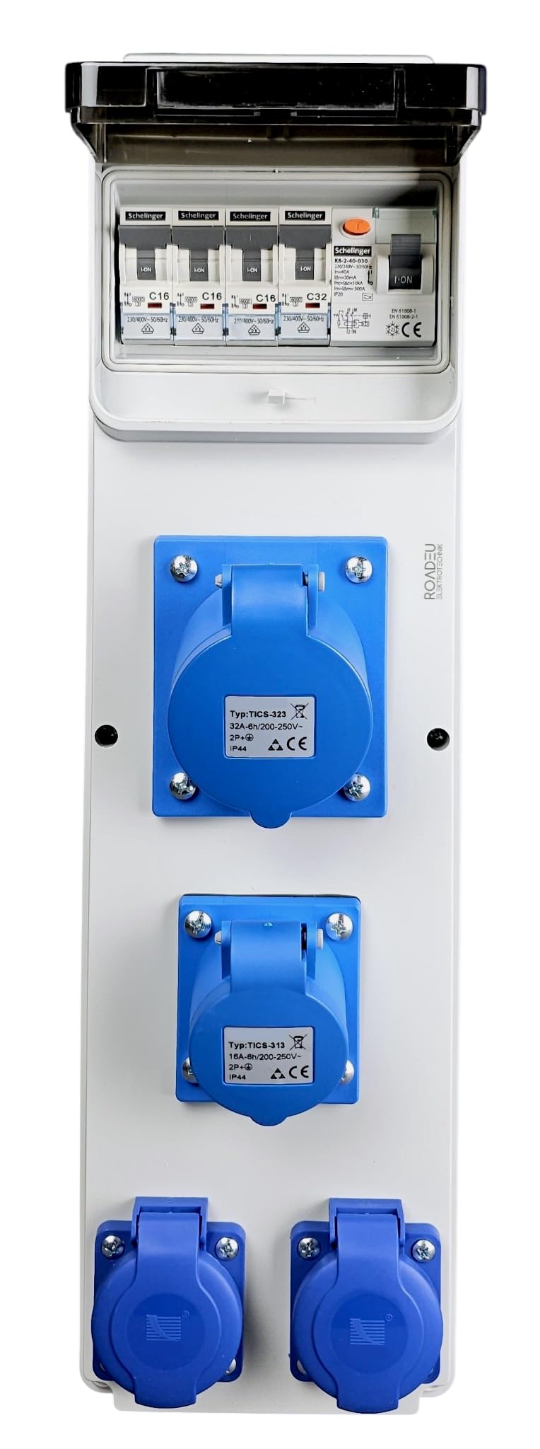 RoadEu Quadro elettrico 230V IP44 con differenziale 40A 30mA e magnetotermici | 1 presa CEE 32A, 1 CEE 16A 3P e 2 Schuko | quadro da parete precablato