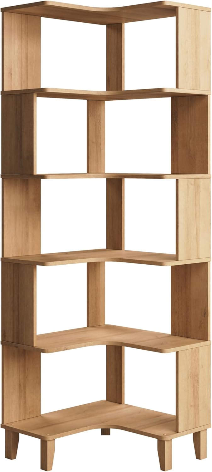 Prepac Nordik 6-Tier Natural Oak Modern Mid Century Corner Bookcase, 71.5" Extra Tall Corner Shelf with Storage, Multifunctional Freestanding Bookshelf for Home Office, Living Room, Bedroom Corner 6-shelf Oak 23.25" W x 71.5" H X 23.25" D
